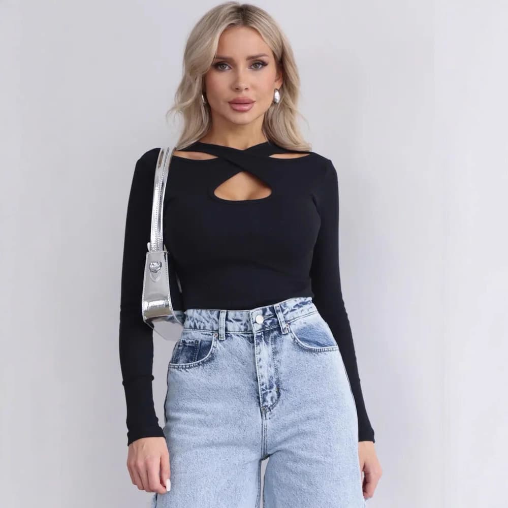 2025 Winter New Cross Neck Slim Bodysuit Long Sleeve Tops for Women Amazon Cross-border Elegant Fit