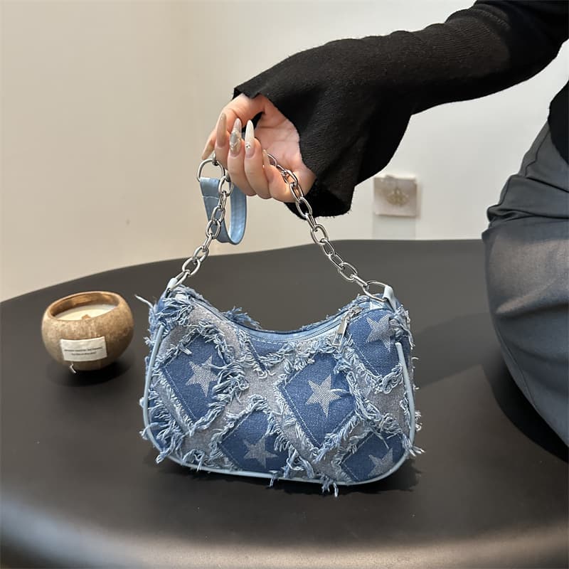 Trendy Distressed Denim Bag for Women 2024 New Contrast Color Versatile Crossbody Bag Fashionable Hot Dumpling Bag