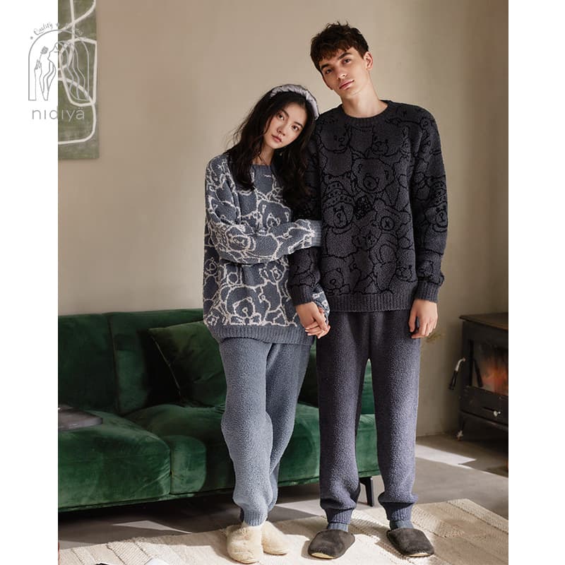Nidia Couple Pajamas Women's Autumn Winter Warm Soft Half Fleece Pullover Men's Casual Homewear Set