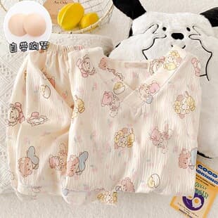 Cloud Cotton Pajamas with Built-in Bra Women's Summer Thin Short Sleeve Shorts Set Japanese Cute Loungewear Wearable Out