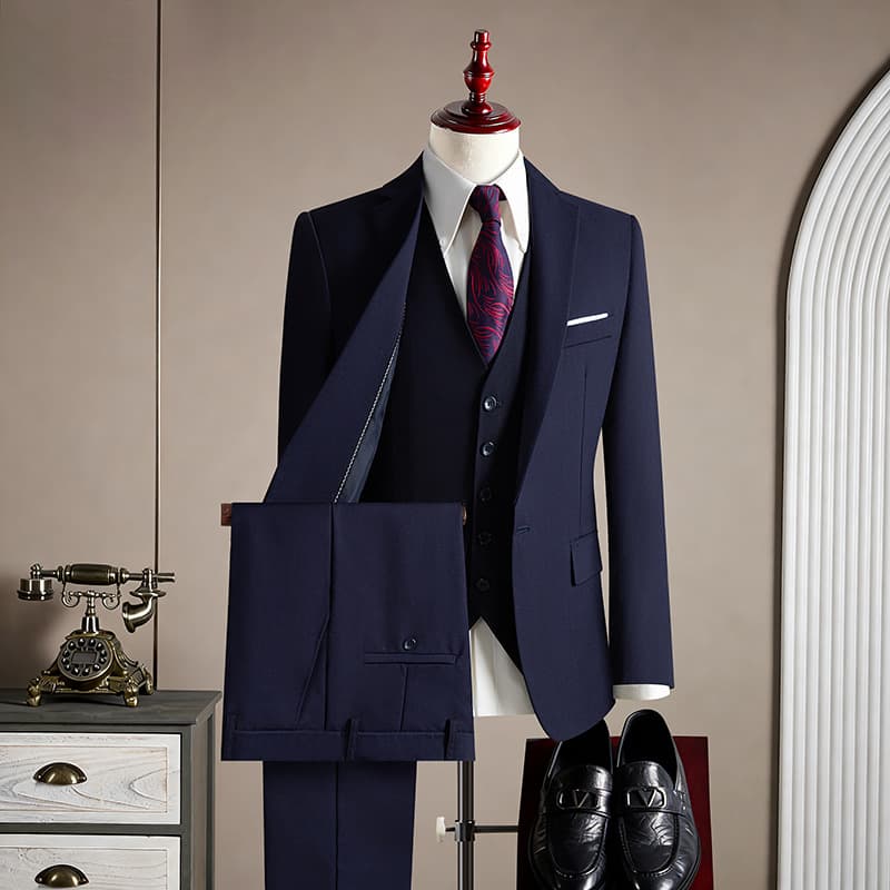 Men's Blue Business Formal Suit Set, British Style Groom Wedding Three-Piece, High-End Casual Suit