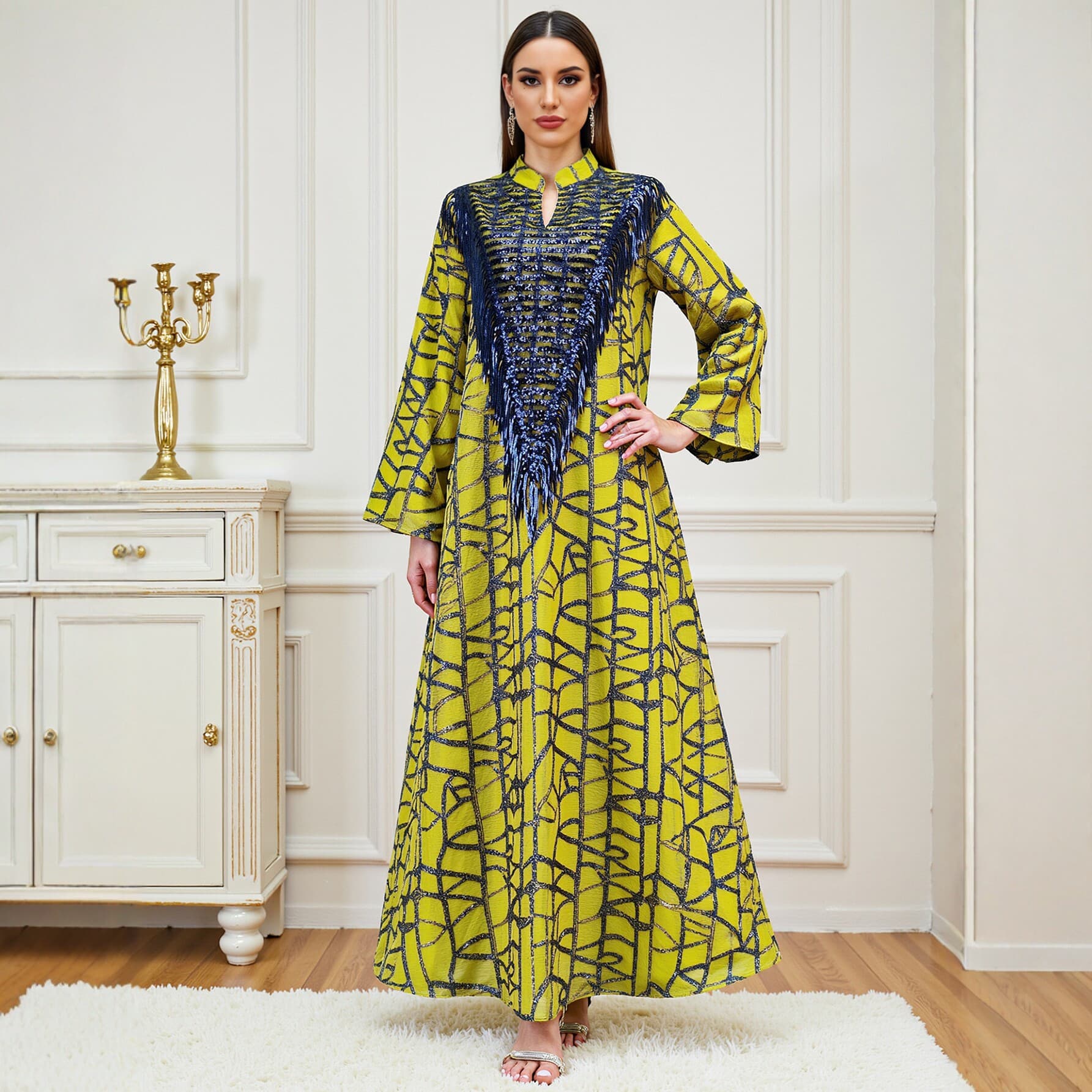 New Cross-Border Fashion Elegant Long Robe Women Sequin Fringe Embroidered Dress Graceful Ethnic Style Abaya Gown
