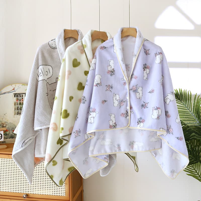 Flannel warm shawl for spring/autumn/summer air-conditioned rooms, nap blanket, flannel shoulder cape, coral fleece cloak