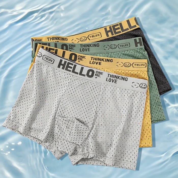 Summer Men's Boxer Briefs HELLO Waistband Ice Silk Mesh Breathable Flat Angle Antibacterial Crotch Sports Quick-Dry Underwear
