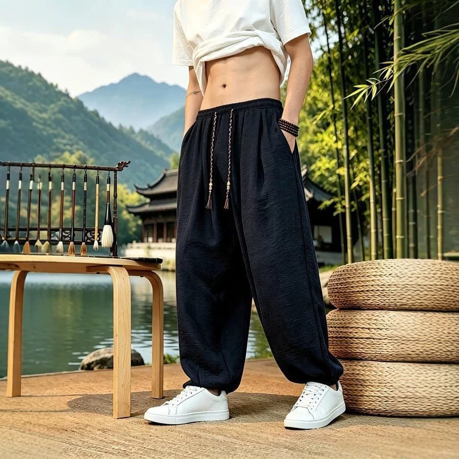 Summer Men's Harem Pants Elastic Cuff Cropped Casual Pants Loose Cotton Linen Thin Style Chinese Style Solid Plus Size