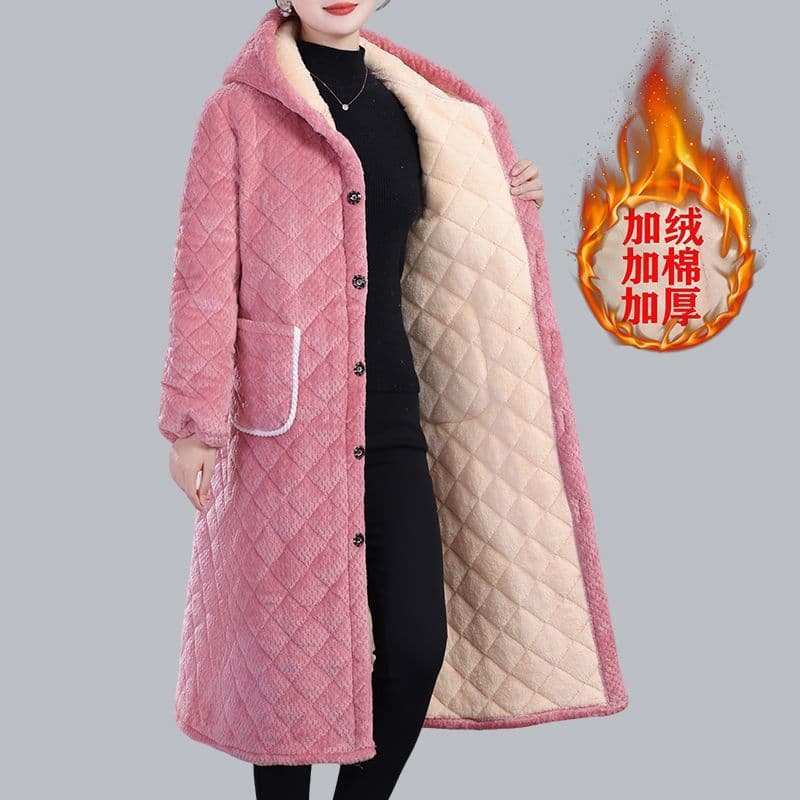 Winter Women's Workwear Homewear Warm Cotton Jacket Fleece-Lined Thickened Cotton Coat Casual Long Over-Knee Smock