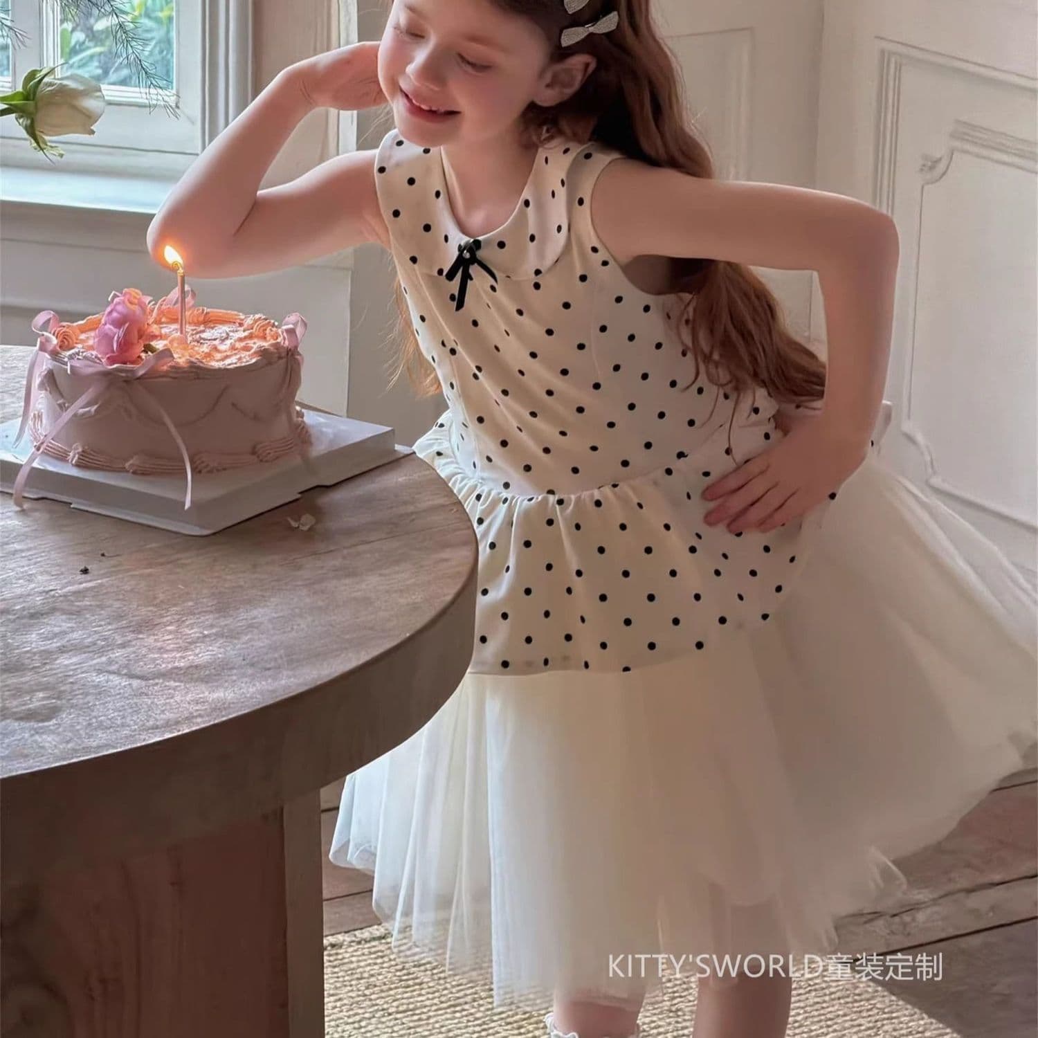 Girls Polka Dot Sleeveless Dress Summer French Princess Dress Children's Mesh Tutu Dress Birthday Party Dress