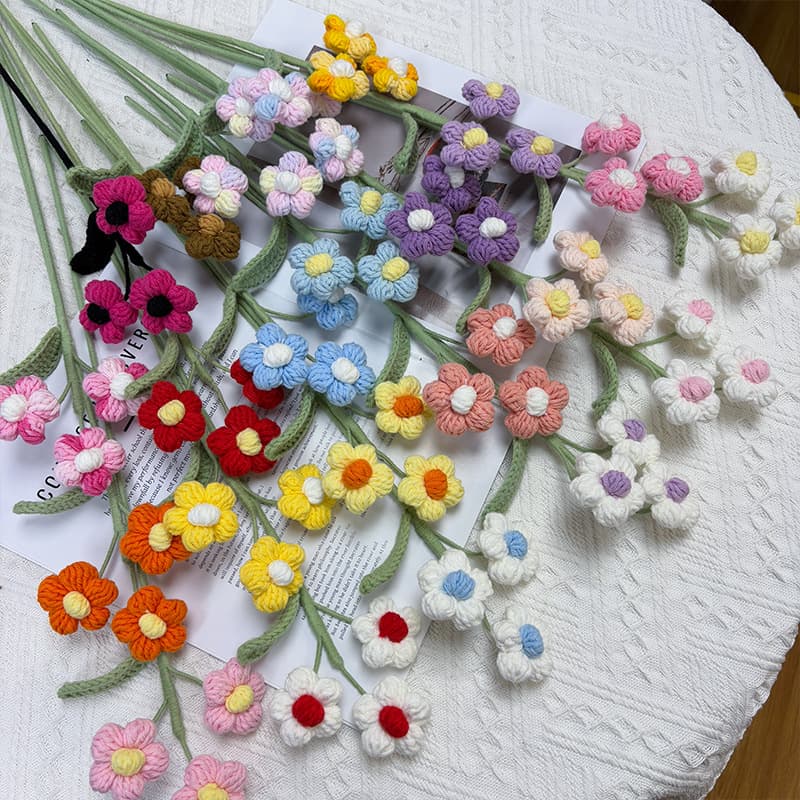 Hand-Knitted Yarn Bouquet, Crocheted Finished Puff Flowers, Artificial Flowers, Valentine's Day Gift, Home Living Room Decoration