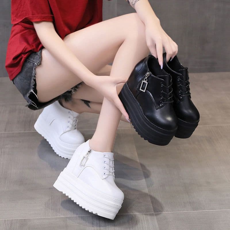 Beijiang Wolf Casual 12cm Platform Ultra-High Heel Women's Shoes Korean Style Waterproof Wedge Thick Sole White Inner Height Lace-Up
