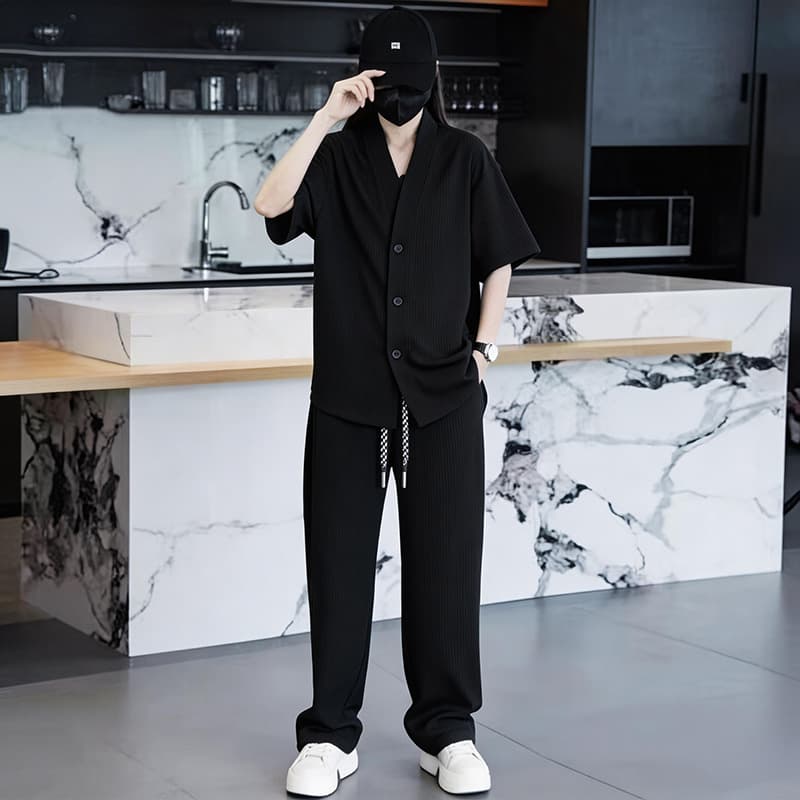 Summer Trendy Loose Couple V-Neck Short Sleeve Set Men's Fashion Casual Unisex Wide Leg Pants Two-Piece T