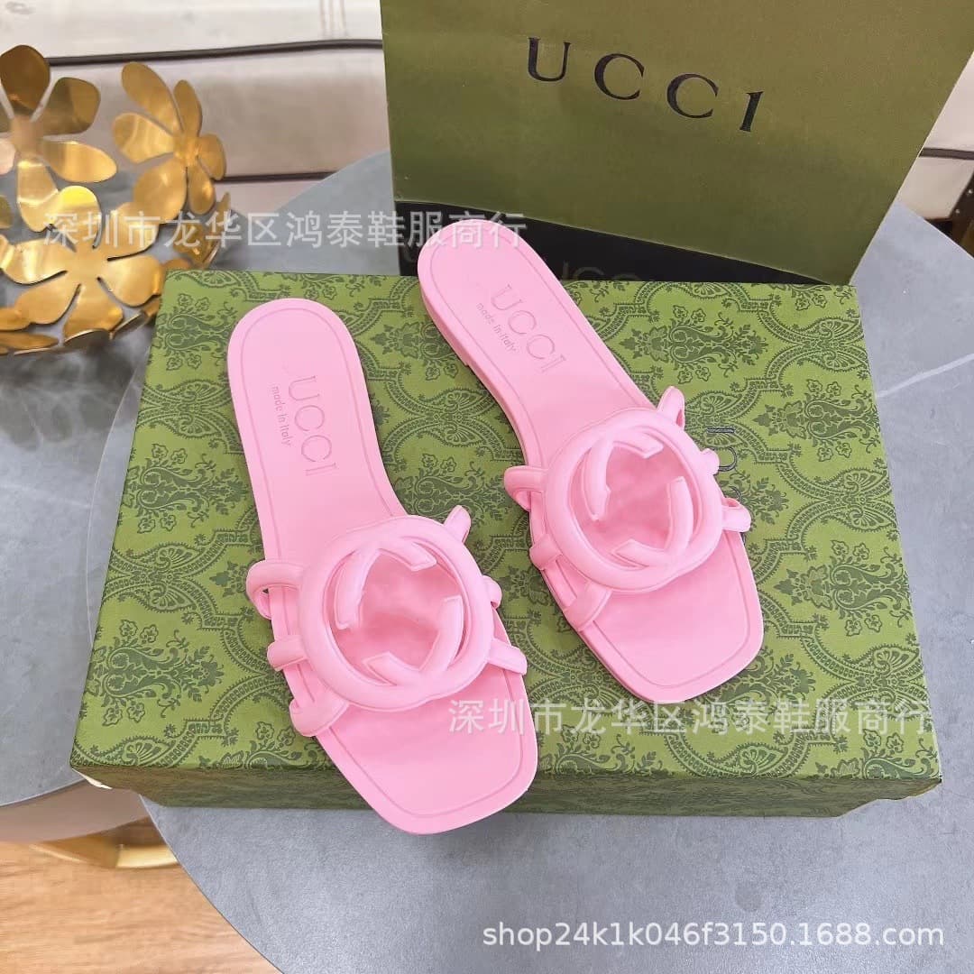 G family hollow slippers for women 2024 new candy color one-word sandals casual outer wear beach shoes jelly rubber shoes