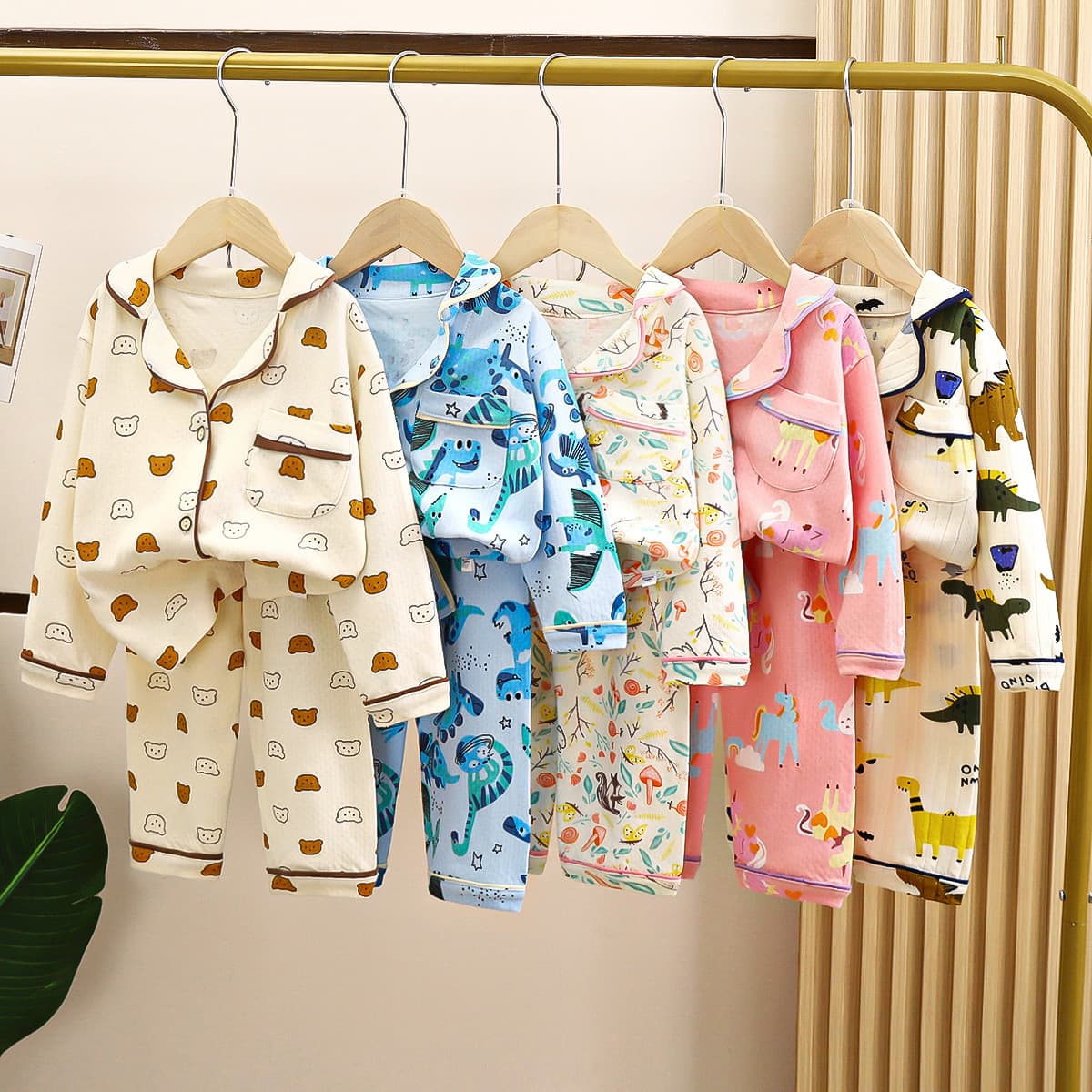 Cotton children's pajamas spring and autumn style lapel long-sleeved boys' home clothes set loose air-conditioned clothes for middle and large children and girls