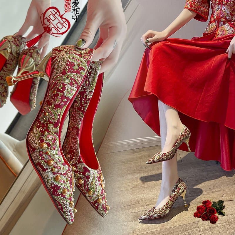 Wedding Shoes for Women 2026 New Style Red Wedding Dress Evening Dress Bridal Shoes with Metal Decoration High Heels Chinese Style Wedding Embroidered Women's Shoes