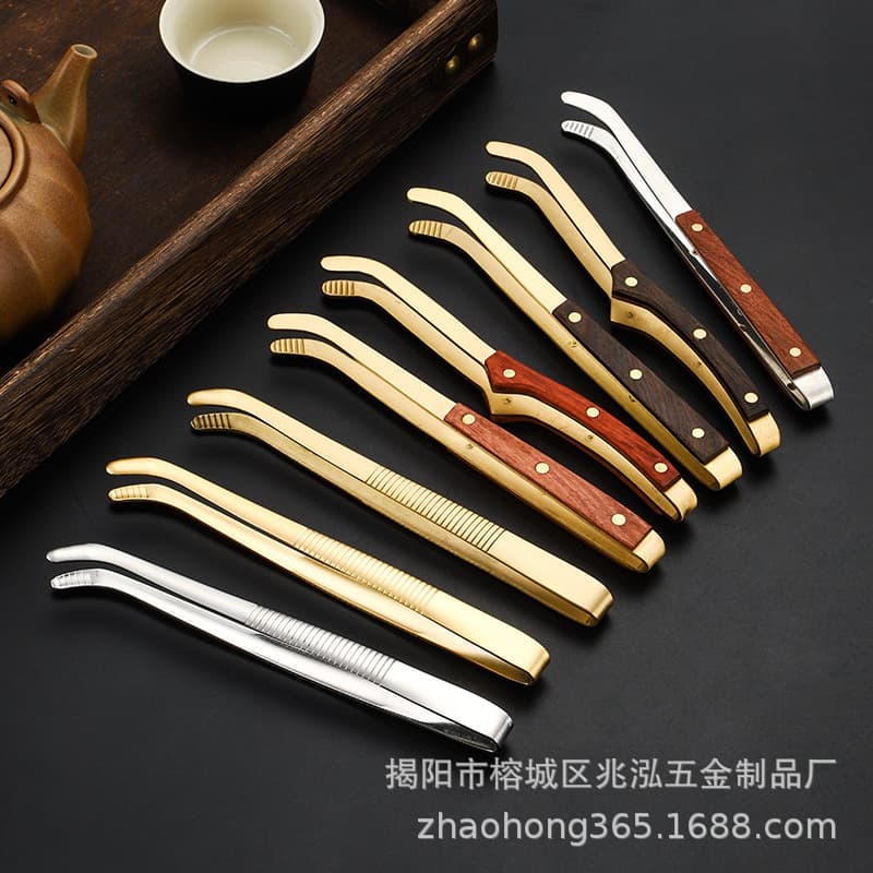 Copper Wood Tea Tray Clip Stainless Steel Tongs Tea Copper Tweezers Tea Set Accessories High-End Solid Wood Tea Cup Washer