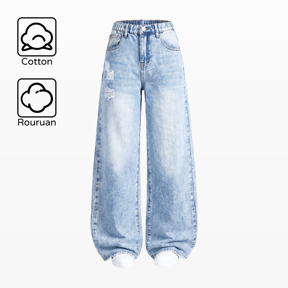 In Stock Amazon Cross-Border Girls Summer Simple Versatile Ripped Long Pants Wide-Leg Straight Jeans for Kids