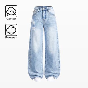 In Stock Amazon Cross-Border Girls Summer Simple Versatile Ripped Long Pants Wide-Leg Straight Jeans for Kids