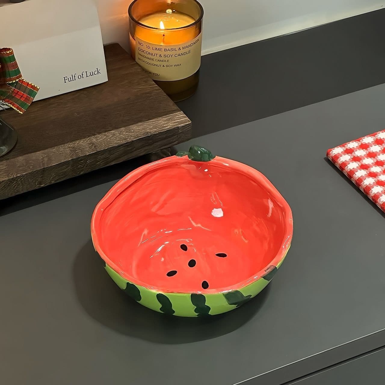 Beautiful Bowl Ins Style Watermelon Bowl Ceramic Dessert Bowl Fruit Bowl Fruit Plate Home Living Room Fruit Fork Instant Noodle Bowl
