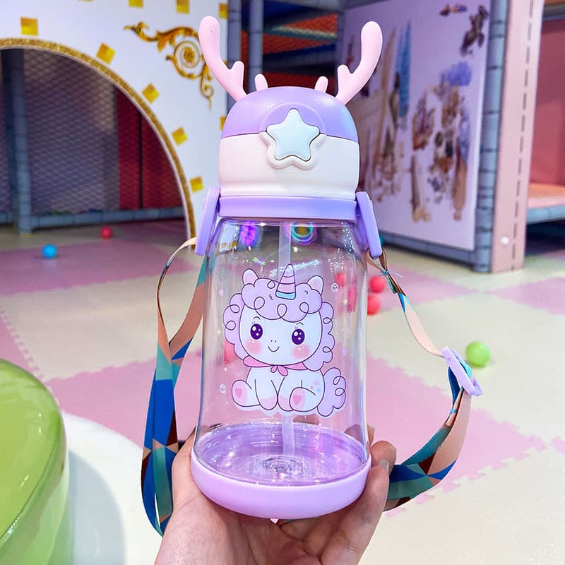 Cartoon Kids Plastic Straw Cup Large Capacity Outdoor Portable Water Bottle with Strap Durable Tritan Material Kitchen Utensils