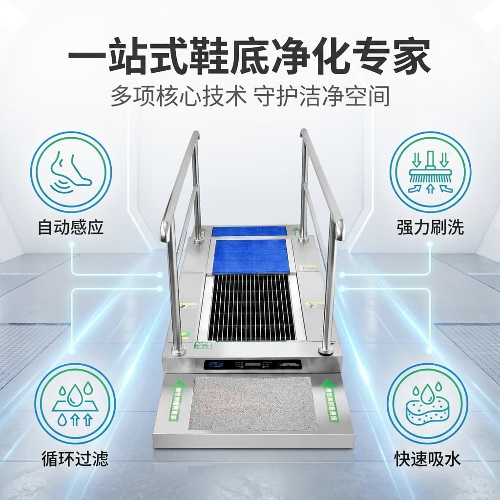 Dust-Free Workshop Passage Shoe Sole Cleaning Machine with Air Shower, Built-in ESD Turnstile Automatic Shoe Sole Cleaning Equipment