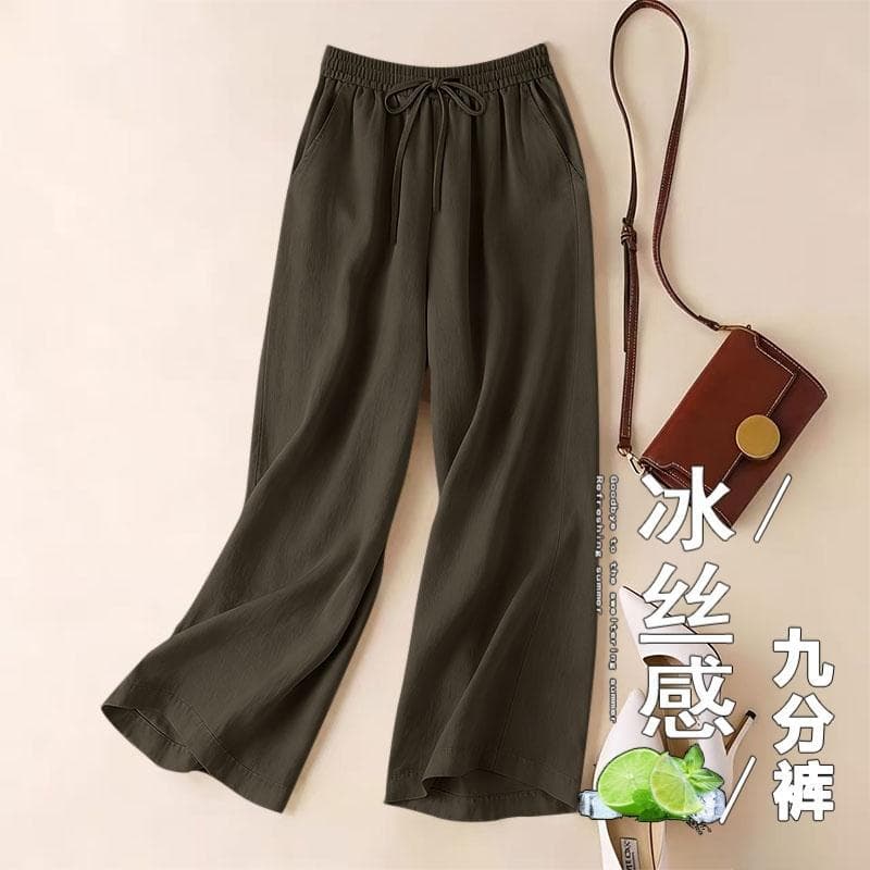 Spring and Summer Thin Cropped Pants Plus-Size Women's Comfortable Ice Silk High-Waisted Drawstring Pants That Cover the Belly, Harem Pants for Plus-Size Women, Wide-Leg Pants