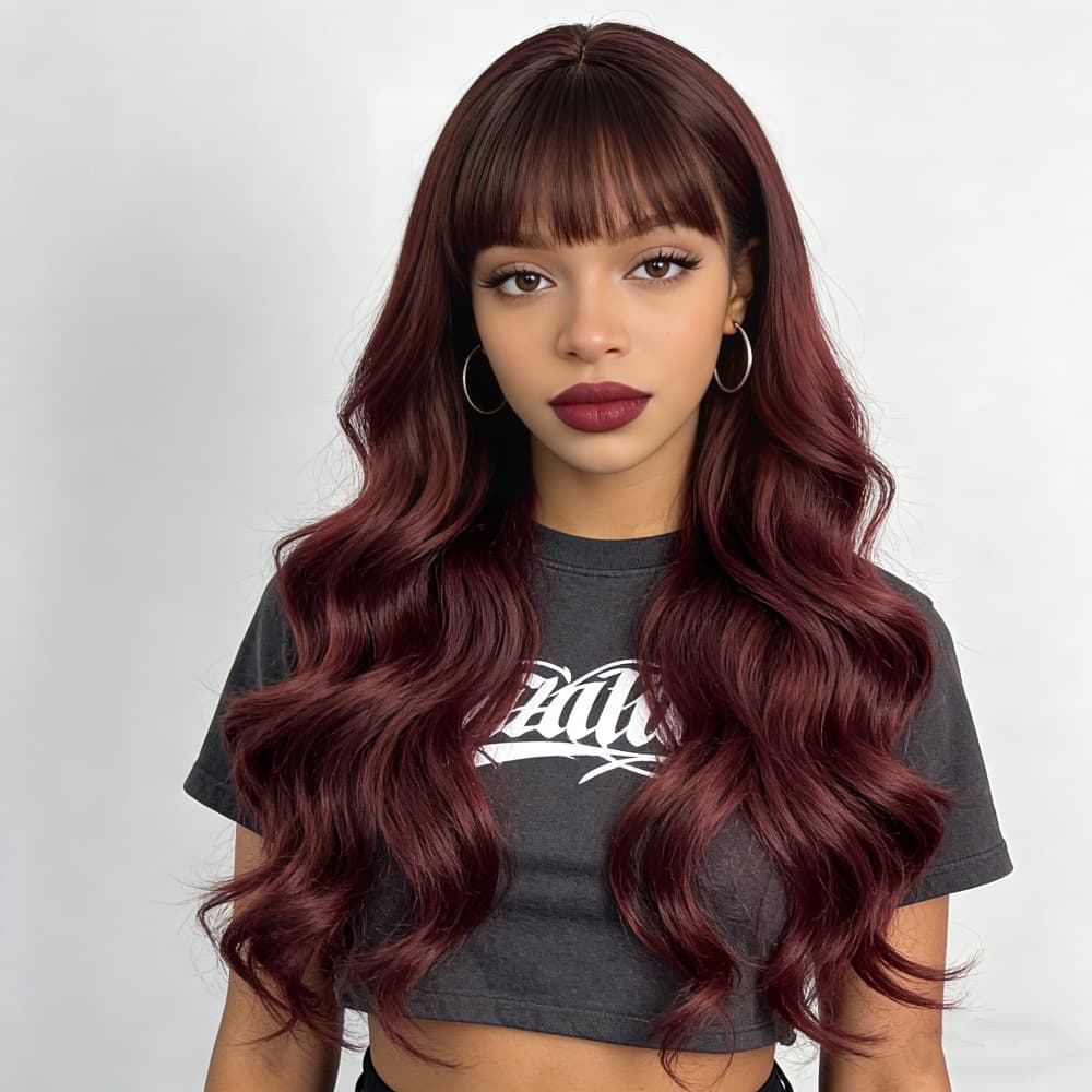 New Wig Air Bangs 99J Long Curl European And American Big Wave Mechanism Fiber Full Head Cover Stock Available for All Skin Colors And Face Types