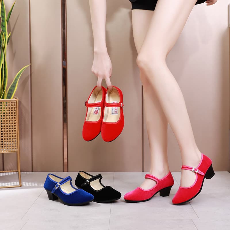 Juhutong Old Beijing Black Women's High Heel Strap Cloth Shoes Dance Shoes Hotel Work Shoes Black Velvet Low-Cut Shoes