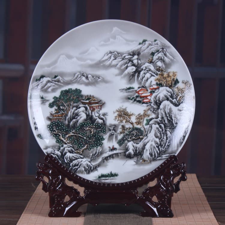Ceramic decorative gift plate with pastel snow scene design, ceramic hanging plate, round plate, business gift, souvenir plate.