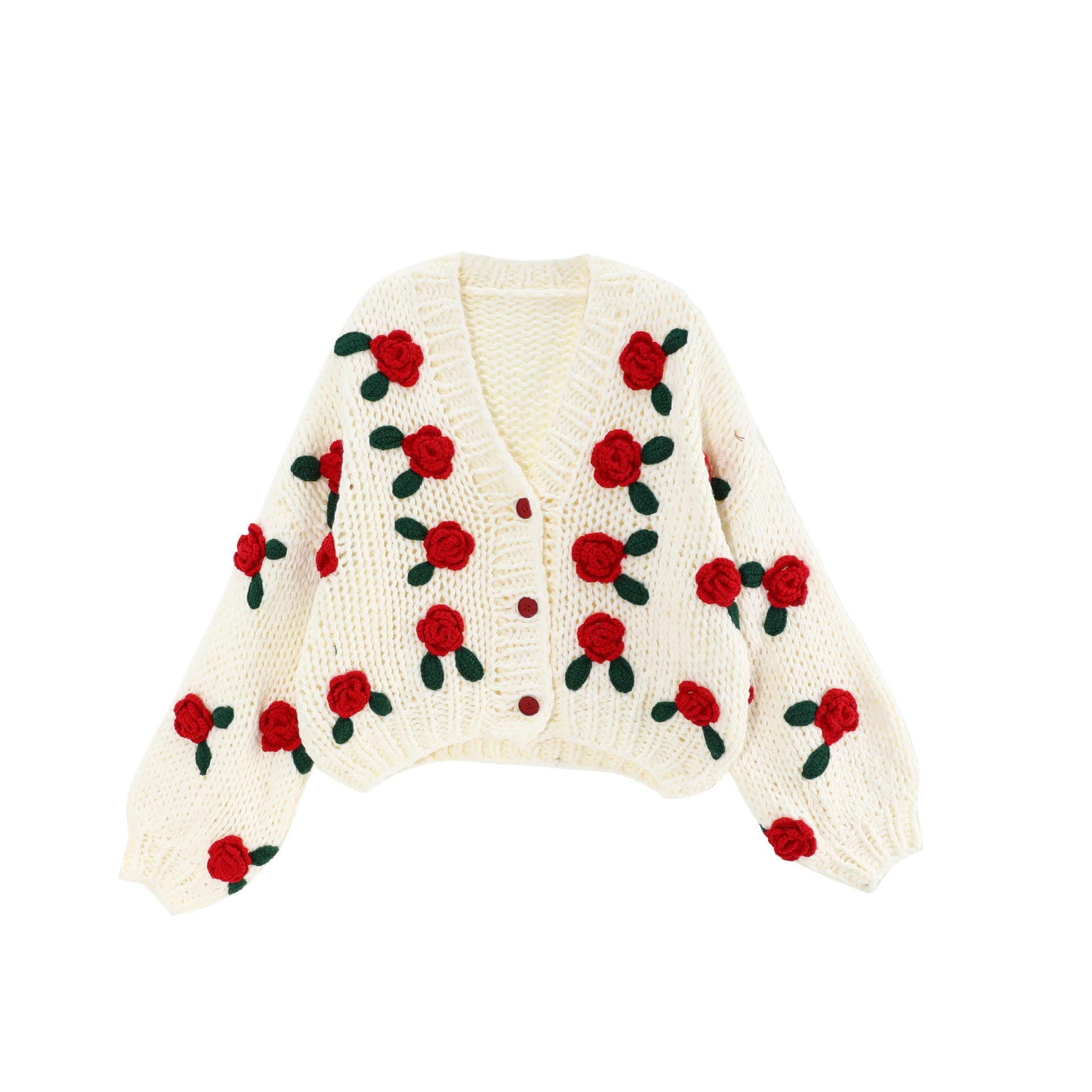 JINXIA Hand-Knitted Chunky Cardigan with 3D Rose Flower Contrast Color Coat