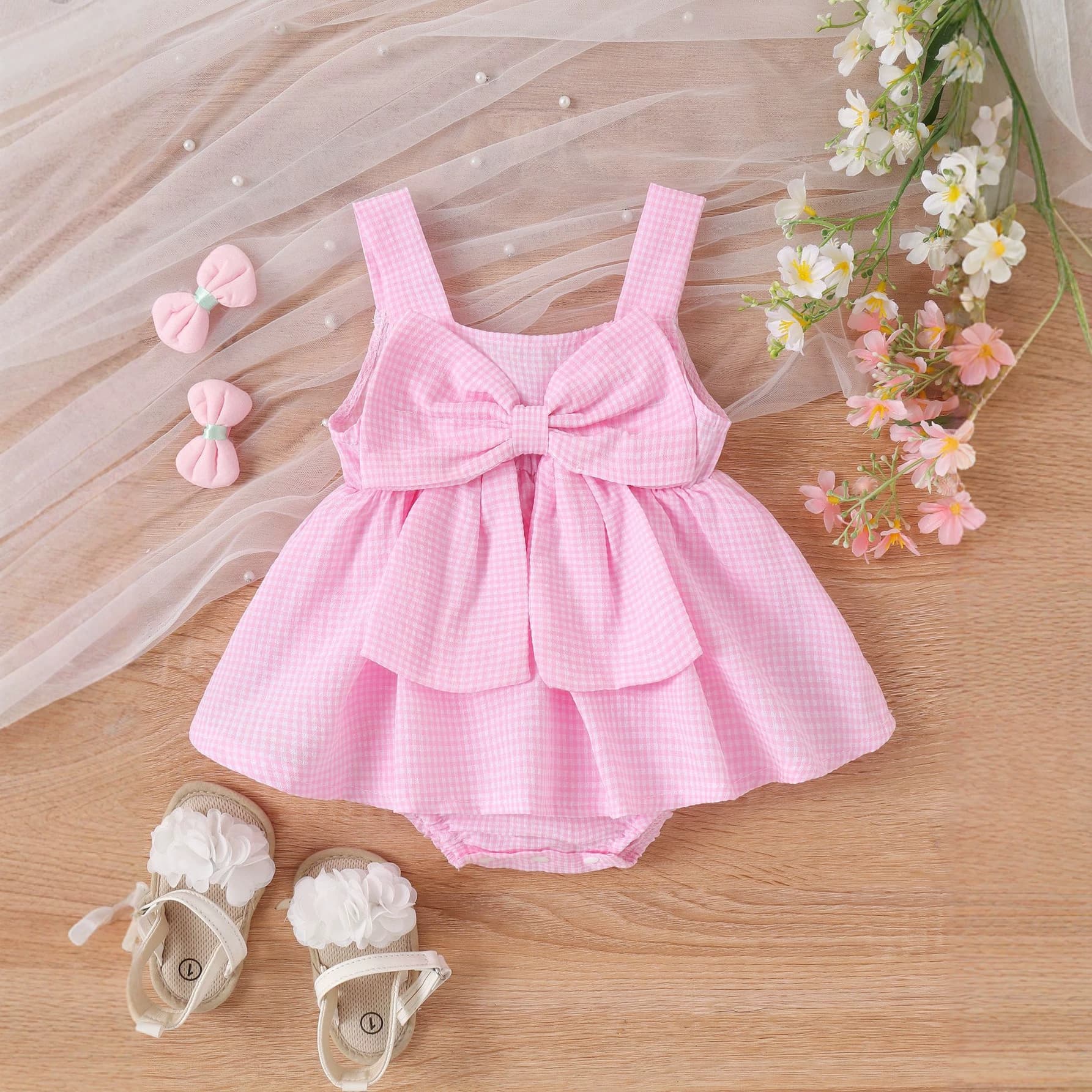 Baby Summer Gentle Style Bodysuit Dress Pink and White Plaid Big Bow Cami Dress Baby Girl Stylish Outfit