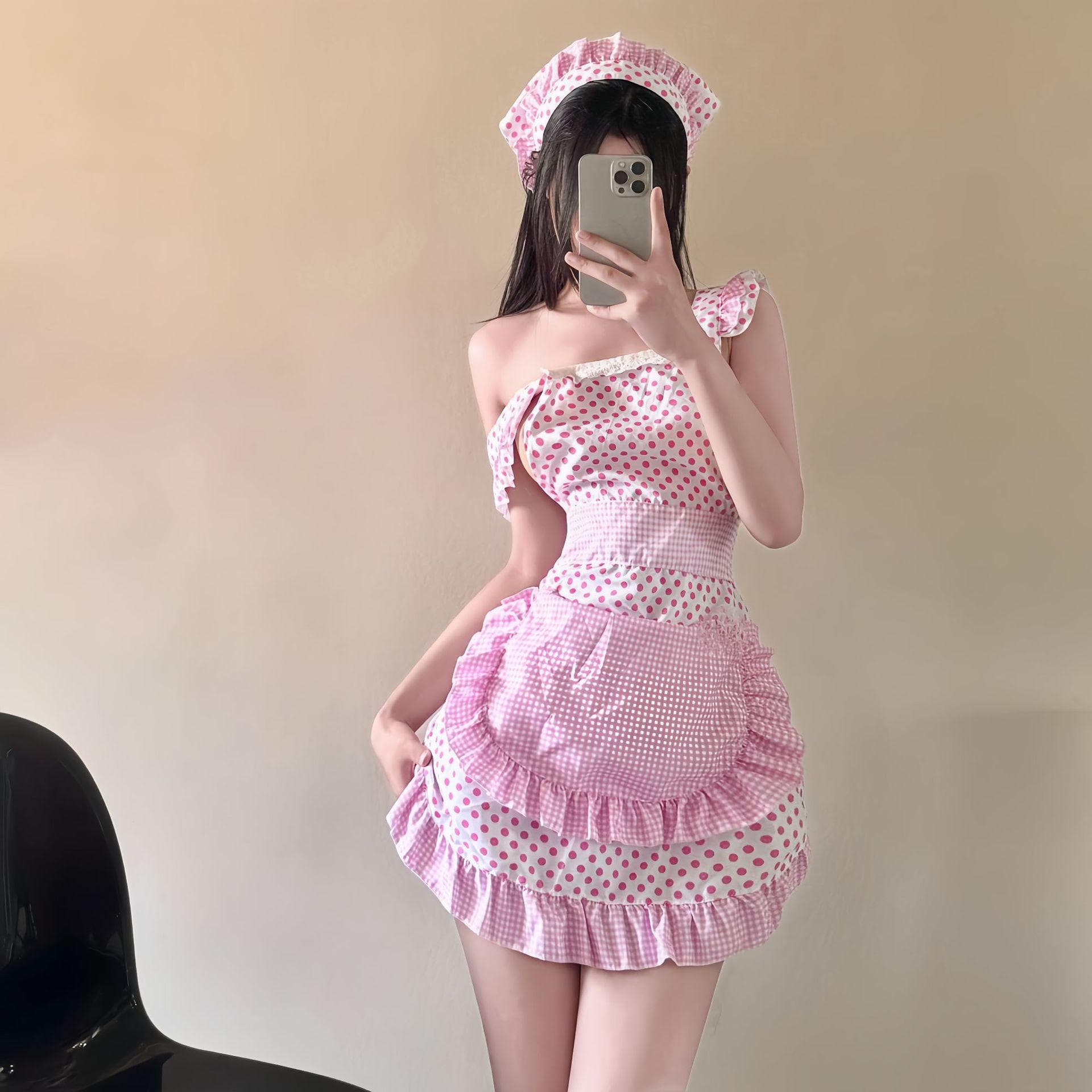 Pink cook, cute maid girl, lace polka dot straps, sexy lingerie for women, crotchless, free suit