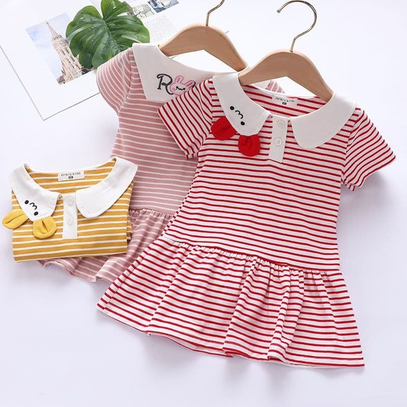 Girls Korean Style Cartoon Striped Dress Summer New Arrival Baby Cotton Short Sleeve Dress Doll Dress