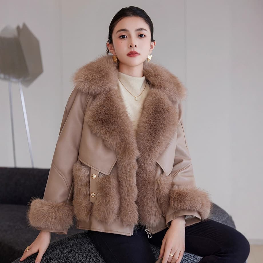 2025 New Style Mink Fur Women's Autumn/Winter Thick Fur-Lined PU Leather Down Jacket