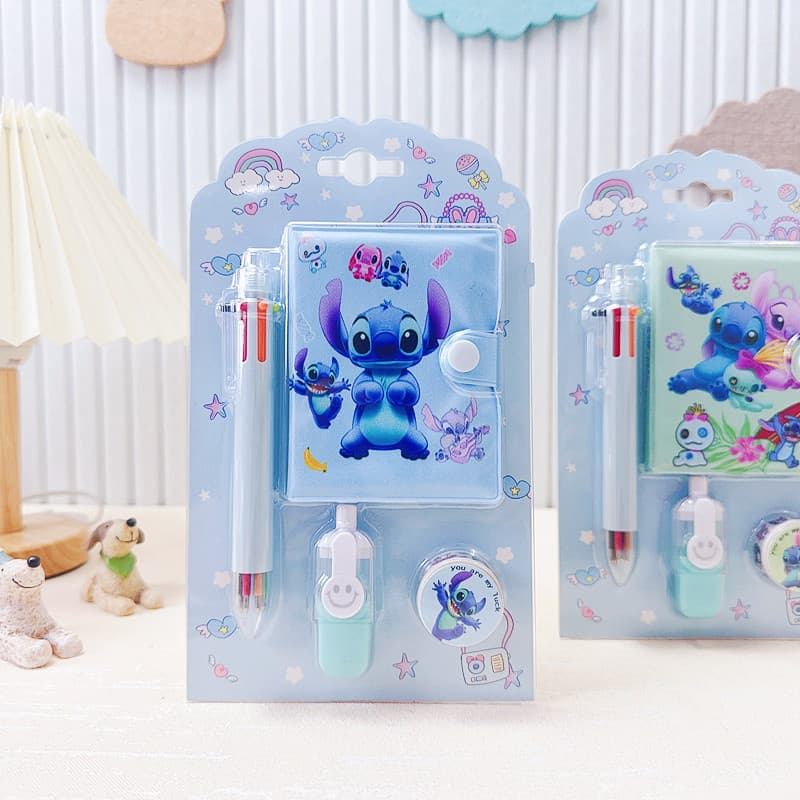 Stitch Leather Bucket Journal Set Cartoon Stationery Combo Learning Supplies Stitch Notebook Six-Color Ballpoint Pen