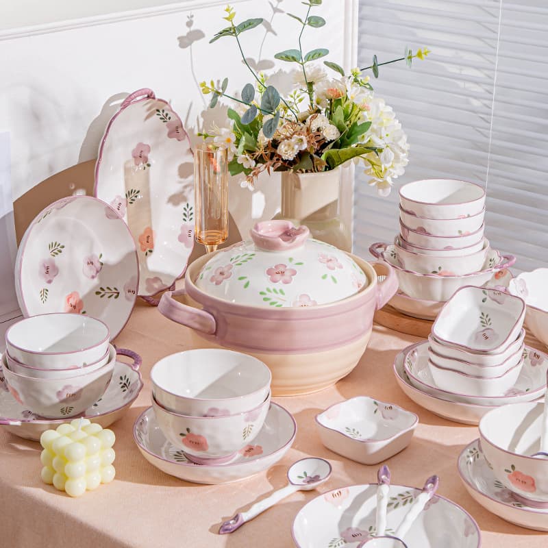 Underglaze Purple Smoked Floral Series Fresh Bowl and Plate Set Household Tableware Gift Box Combination Creative Practical Ceramic Tableware