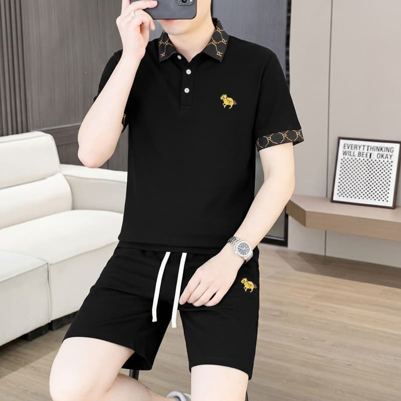 【】 POLO shirt suit summer embroidery contrasting thin short-sleeved T-shirt suit off-white black ready for sale