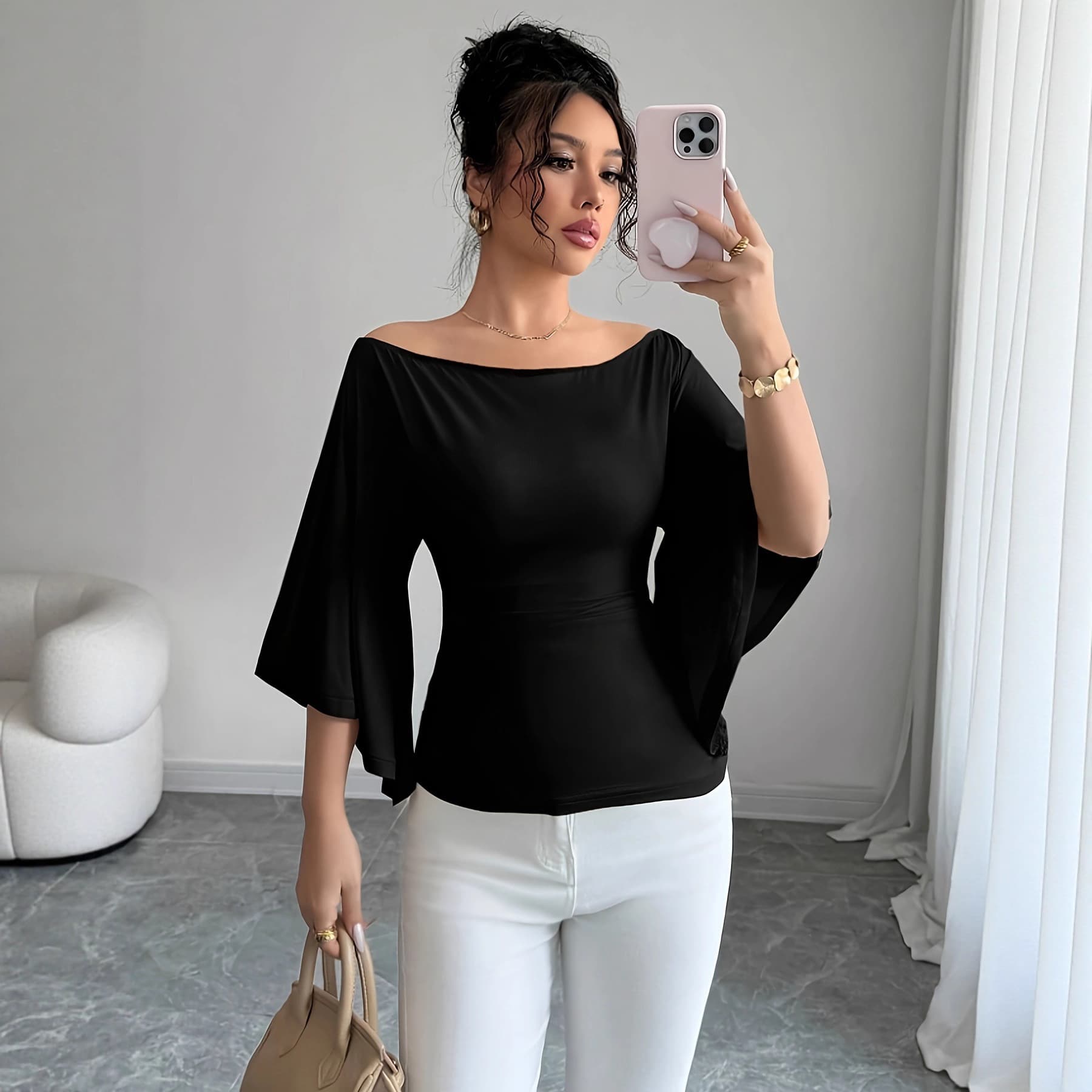 Cross-Border Slim Fit Scoop Neck Three-Quarter Sleeve Knit Top for Women, Summer Slimming Design, Chic and Versatile Blouse