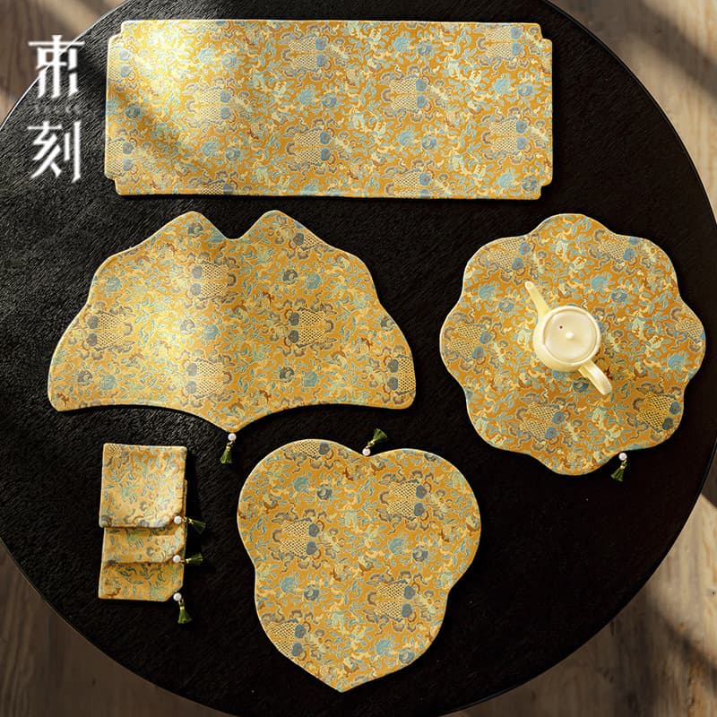 Shuke Chinese Floating Light Gold Ginkgo Leaf Tea Mat, Exquisite Brocade Embroidery Dry Brewing Set with Tablecloth