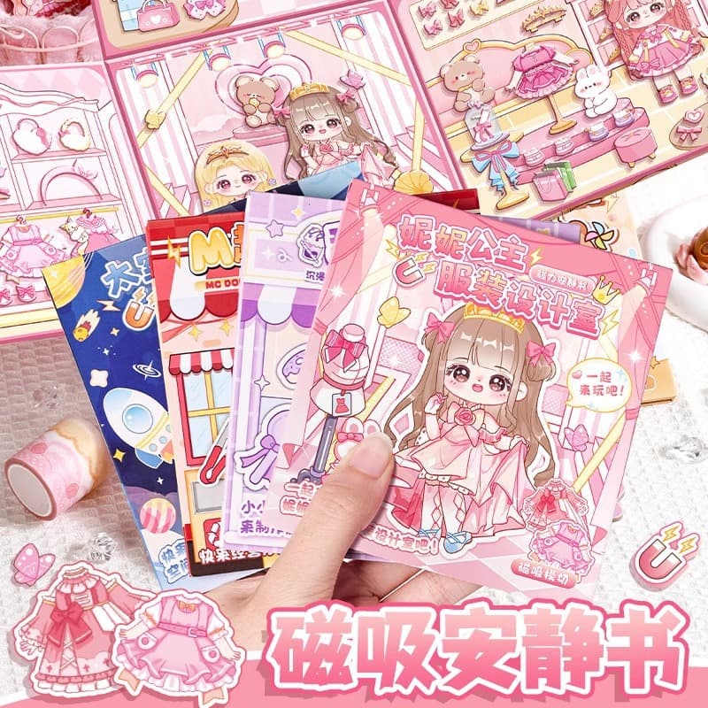 Magnetic Quiet Book for Children Cut-Free Magnetic Sticker Book for Girls Hand-Pasted DIY Cartoon Princess Dressing Book