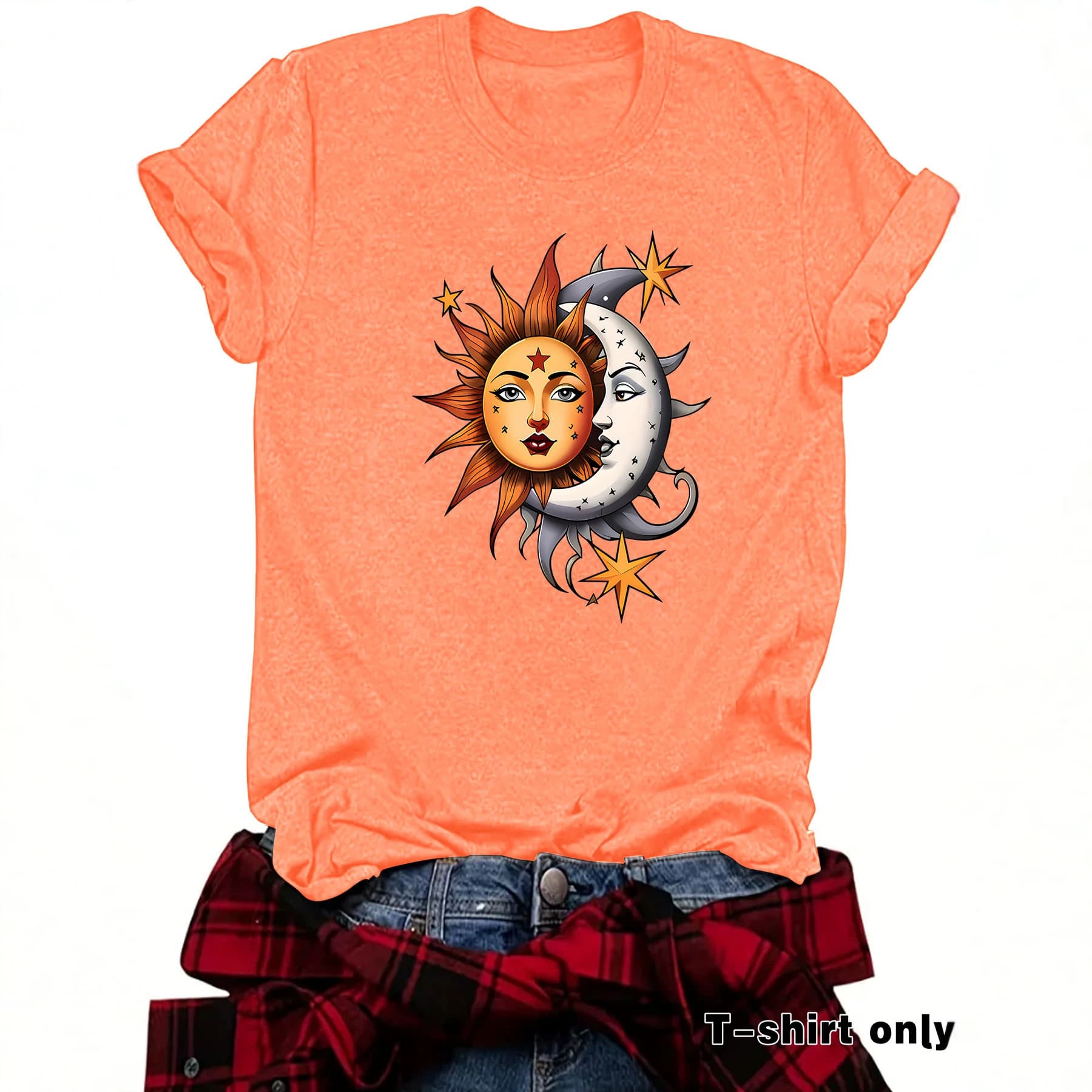 Women's Sun Moon Star Pattern Print T-Shirt Round Neck Short Sleeve Top Cross-Border Trade Women's Top Summer High-End Feel T-Shirt