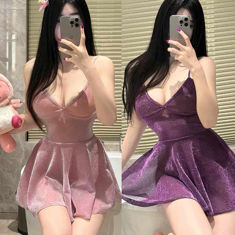 Sexy Lingerie Dress Nightclub Sparkling Sleepwear Women Hot Costume Set with Suspenders