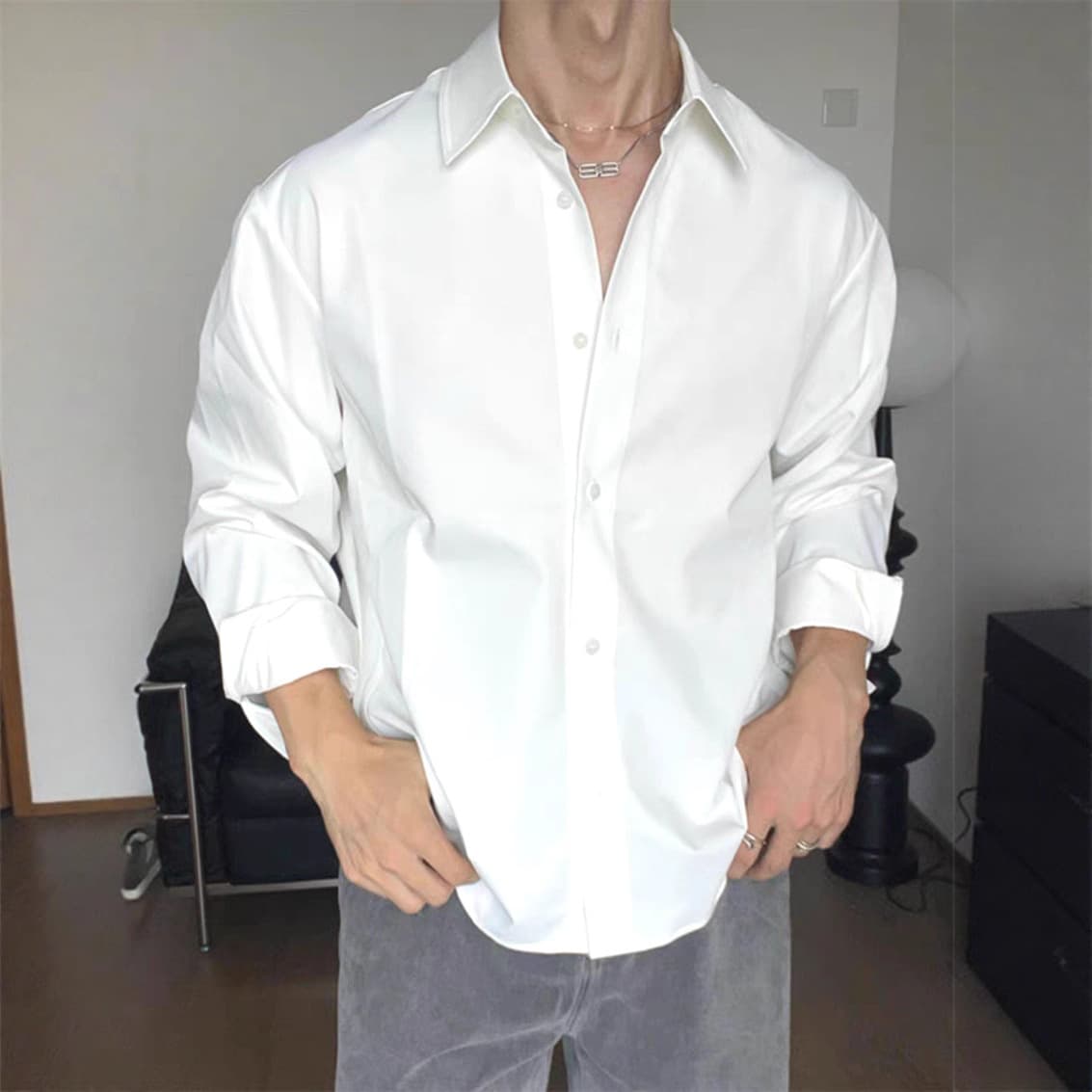 Italian Naples white shirt for men, no-iron ice silk chiffon loose long-sleeved cardigan, silky satin work shirt