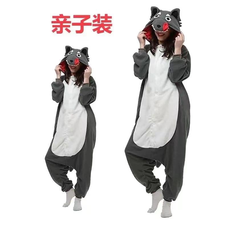 Pajamas for women in autumn and winter, cute cartoon one-piece big bad wolf thickened warm coral velvet extended style student home clothes