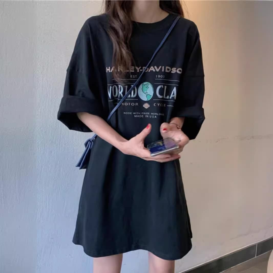 Plus Size Black T-Shirt for Women Short Sleeve New Long Style Summer Loose Fit Cotton European Large Version Shirt Dress