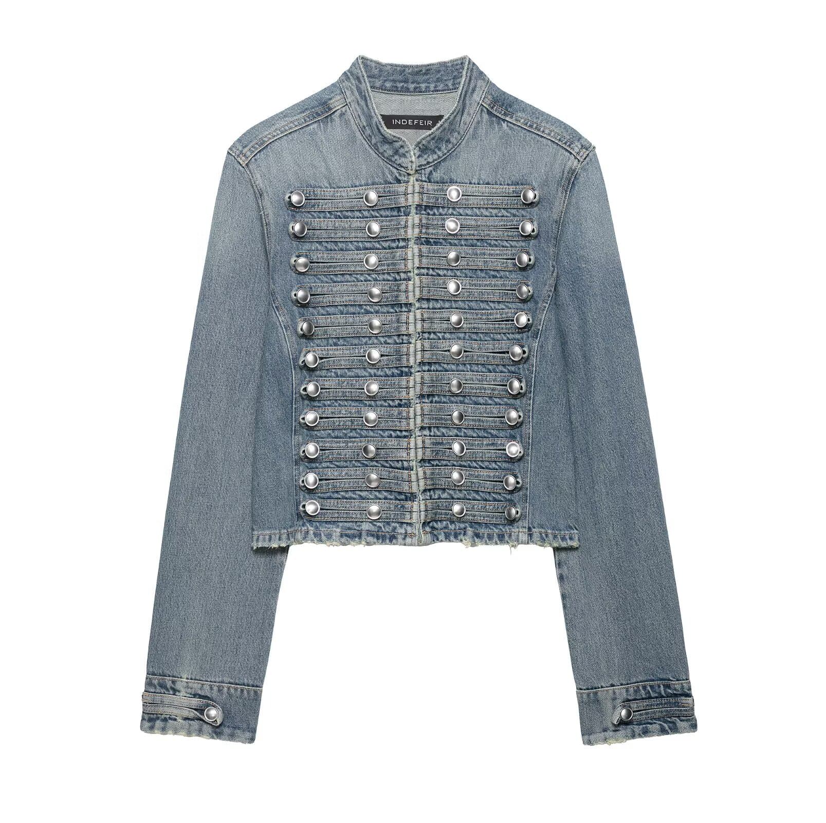 Cross-border European and American style wholesale, American street fashion classic short denim jacket with small stand collar trendy top