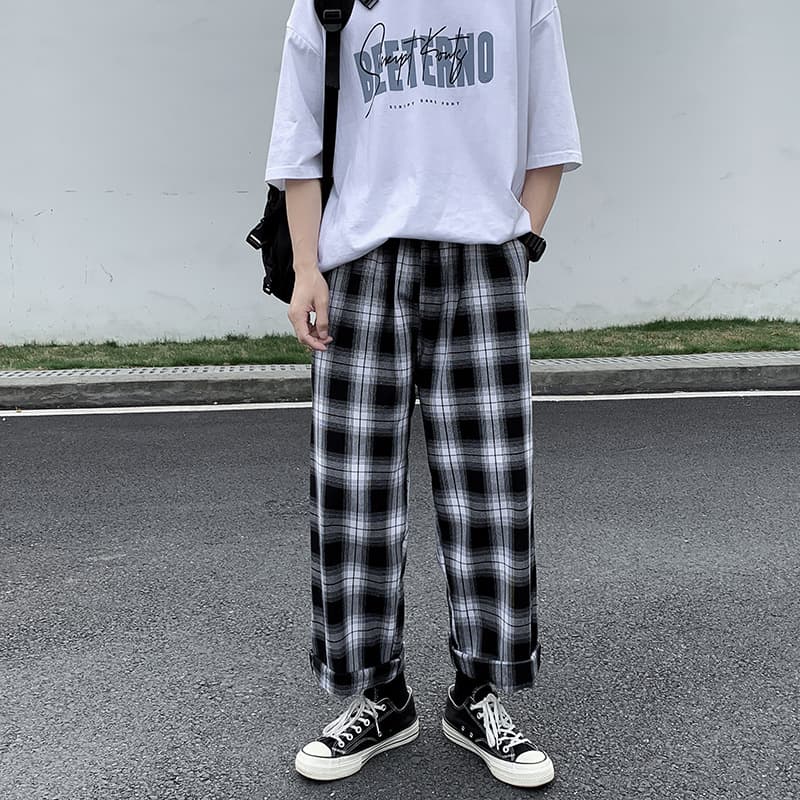 Plaid pants men's autumn trendy brand straight loose wide leg 2023 trousers men's Korean style trendy casual sports pants