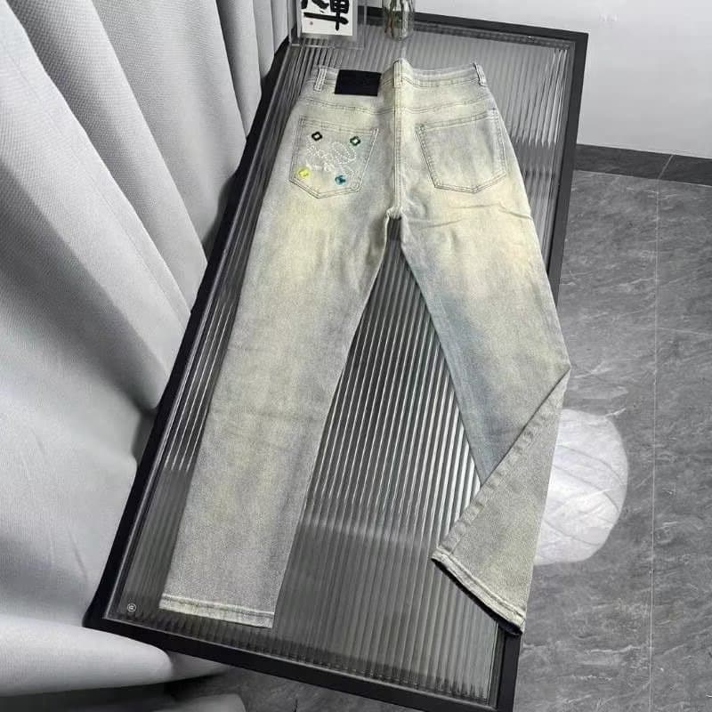 American High Street Style Trendy Letter Embroidery Jeans, Slim Fit, Fashionable, Versatile, Stylish, Tapered Straight Pants