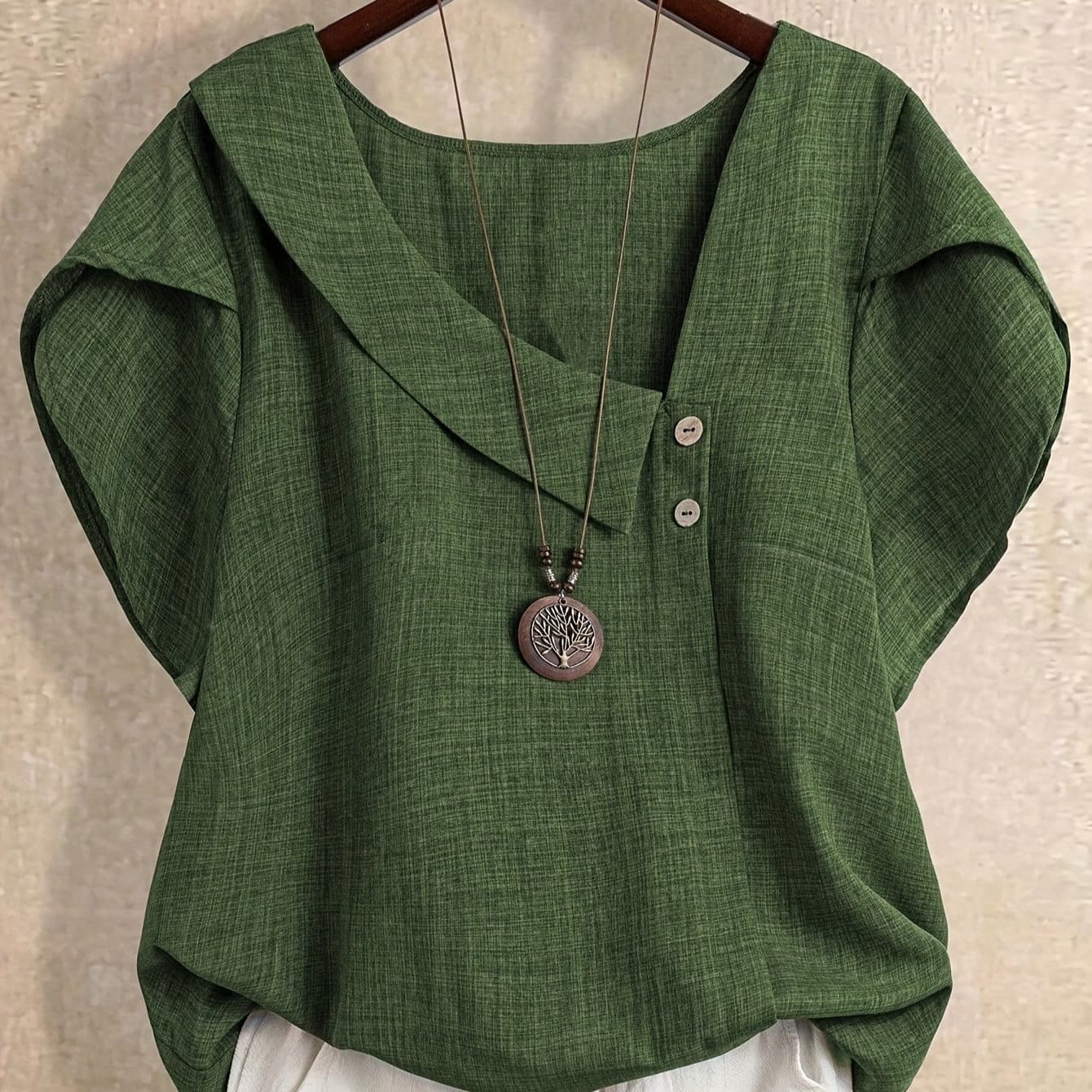Olive Green Casual Irregular Neckline Short Sleeve Women's Blouse Zen Style Plus Size