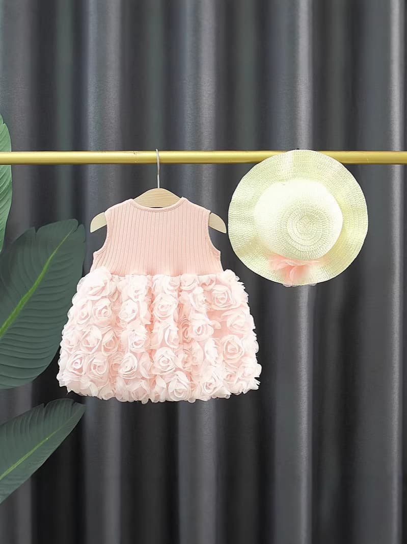 Girls' Sleeveless Princess Dress Summer 3D Floral Pink Tutu Dress Baby Girl Sweet Party Gown TikTok Taobao