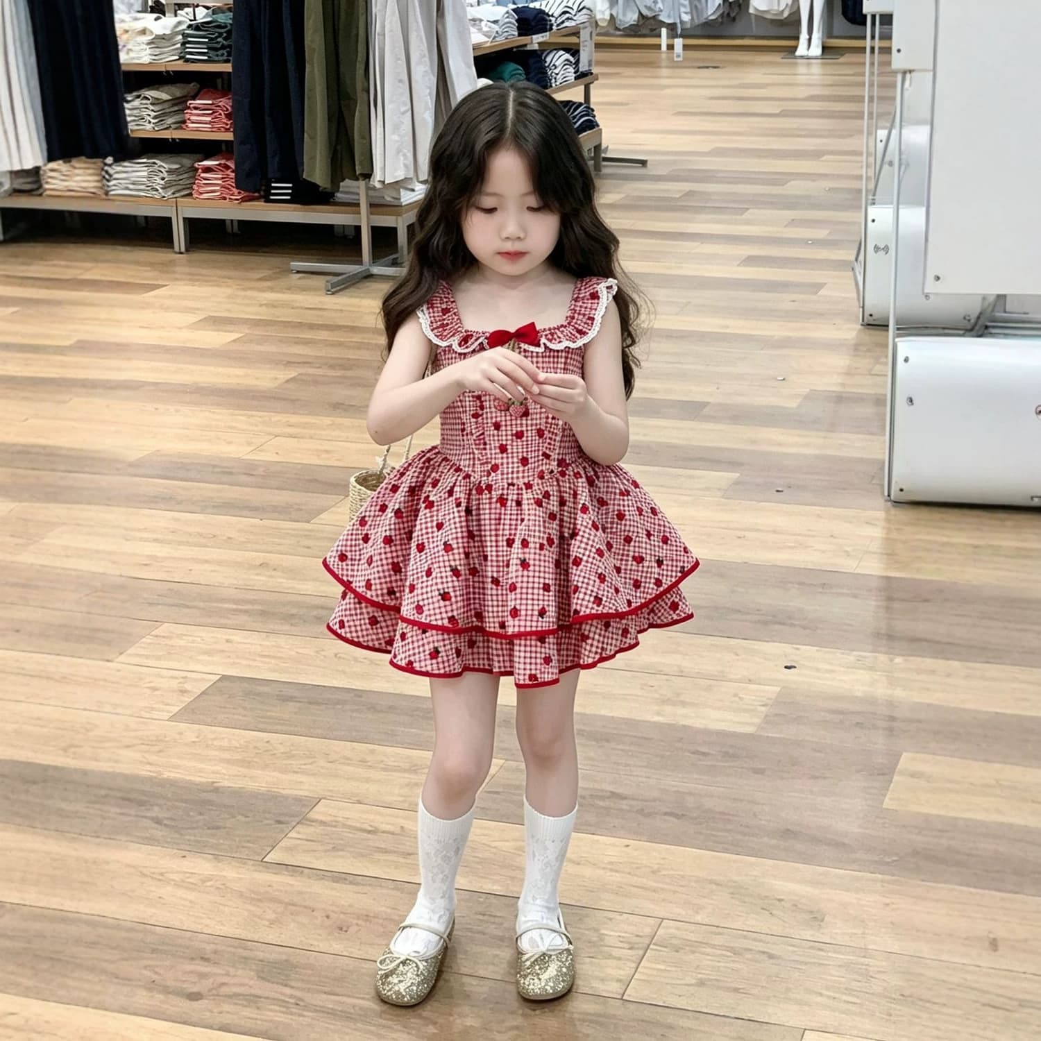 Korean version of girls 2026 summer new sweet red three-dimensional strawberry plaid cake skirt girl lotus collar short skirt