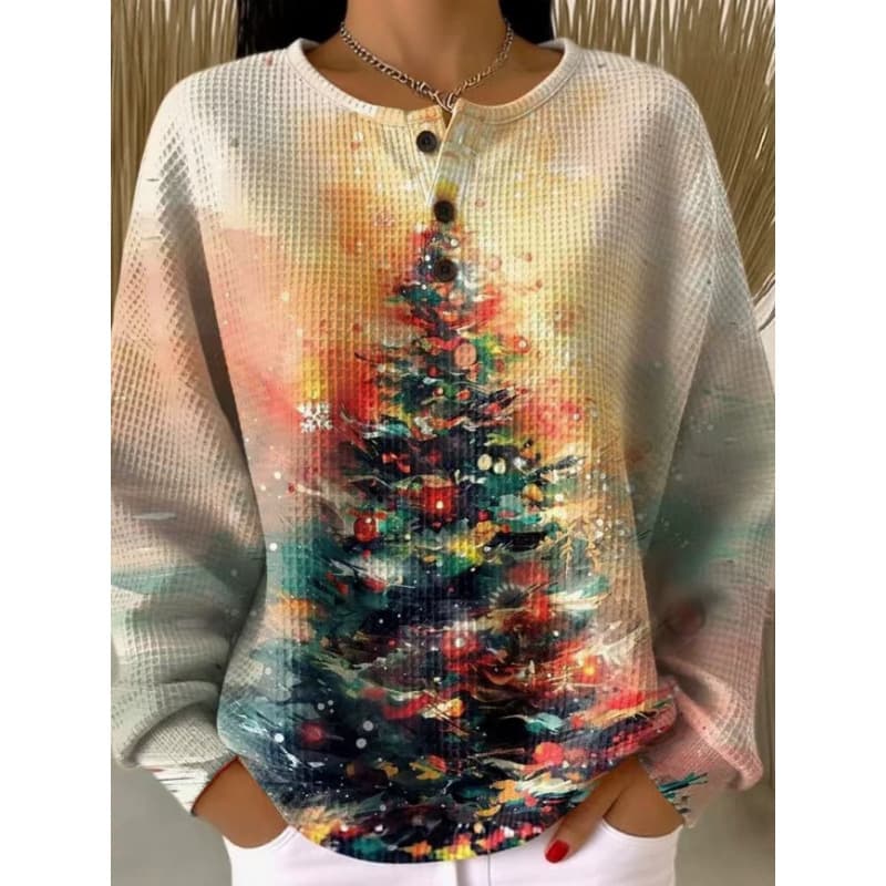 Cross-border Amazon Christmas New 3D Digital Printed Three-Button Small Stand Collar Polo Shirt Top Women's Waffle
